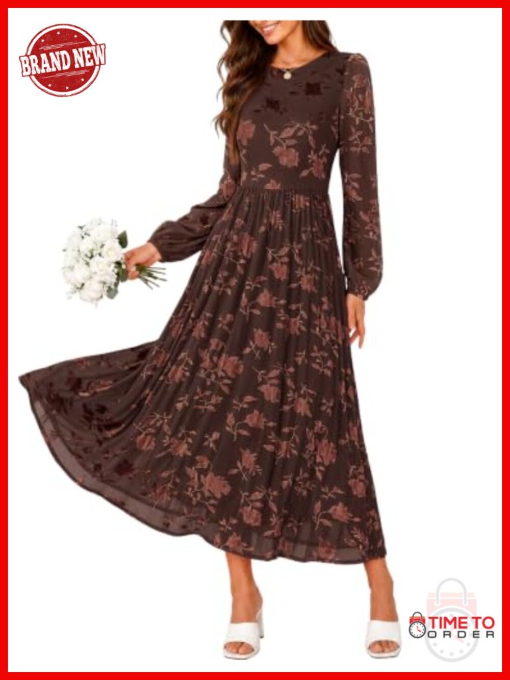 ZESICA Floral Long Sleeve Midi Dress A-Line Crewneck Fall Wedding Guest